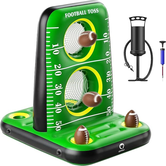QPAU Inflatable Football Toss Game for Pool – Water Football Target with 4 Balls & 2 Pumps, Dual Net Design, Stable Base, Summer Pool Game for Kids & Adults