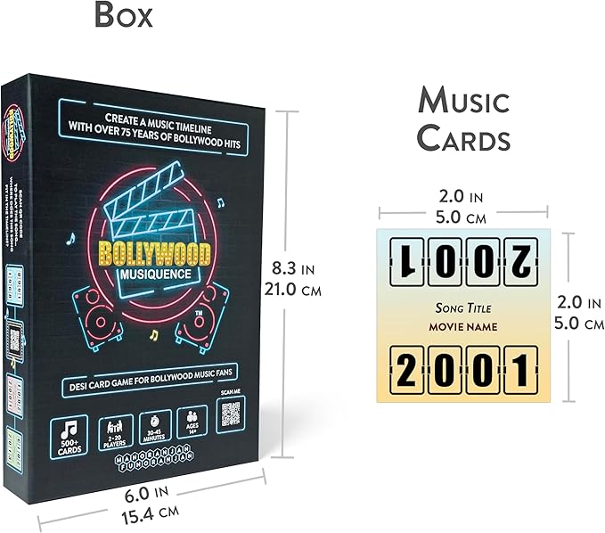 The Bollywood Music Party Card Game, Fun Hindi Music Filmi Trivia Card Game, 2-24 Players, 500 Plus Indian Music Hits Cards, Great for Desi Friends and Family Game Nights and Parties