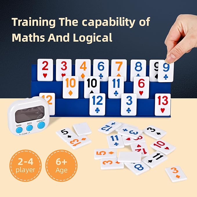 Doublefan Rummy Game, Original Poker Rummy with Color Box, Classic Board Game for Adult and Kids,106 Tiles, 4 Playing Rack, 1 Timing, 1 Dice (2-4 Players)