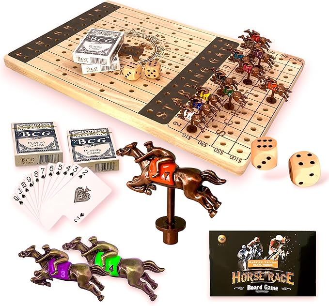 New Metal Horses Race Board Game With 11 Horses, 2 Dice and 2 Card Boxes - Thick Luxurious Wood Chessboard - Adult Party and Family Game Night