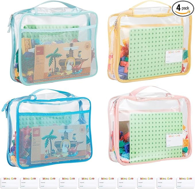 4-Pack PVC Waterproof Toy Storage Bags（Label, 10 Memo Cards), Large 13.8" x 3.2" x 10" Clear Double Zipper Organizing Bags with Handle, Magnetic Tiles Blocks Board game Storage Organizer Case