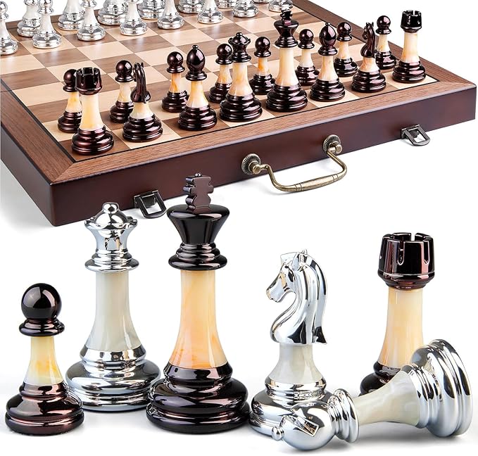 Deluxe Chess Set 16.5'' Wooden Large Folding Chess Board Game with Handle, Weighted Acrylic Chess Pieces - 3.5" King with Storage Slots for Beginners, Professional Players
