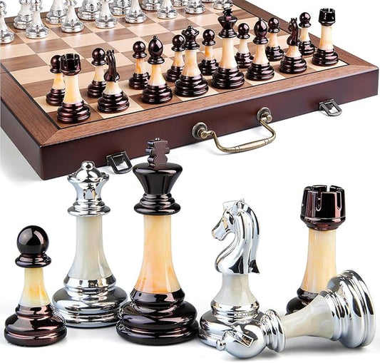Deluxe Chess Set 16.5'' Wooden Large Folding Chess Board Game with Handle, Weighted Acrylic Chess Pieces - 3.5" King with Storage Slots for Beginners, Professional Players
