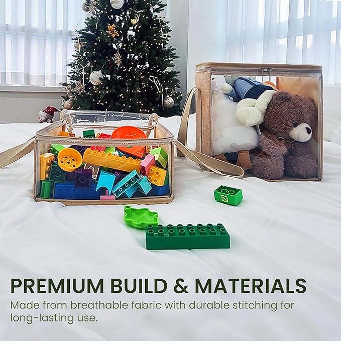 holay 2 Pack Storage Bins PVC Boxes with Transparent Lid & Handles - Durable & Foldable - Multi-Purpose Organizer for Clothes, Books, and More (Brown, Large)