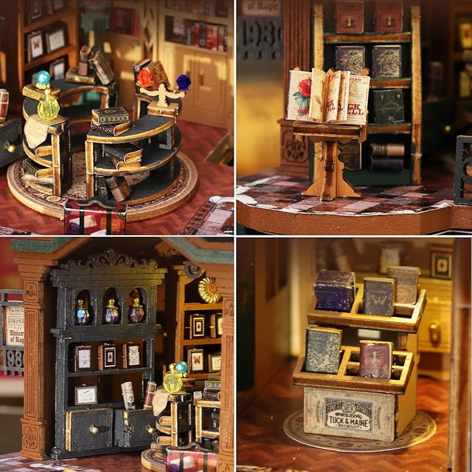 DIY Miniature House Kit for Adults, Mini Wooden Dollhouse Kit, Book Shop Tiny House Diorama Building Kits with Light, 3D Wooden Puzzles Bookend Shelf Insert Decor, Creative Craft