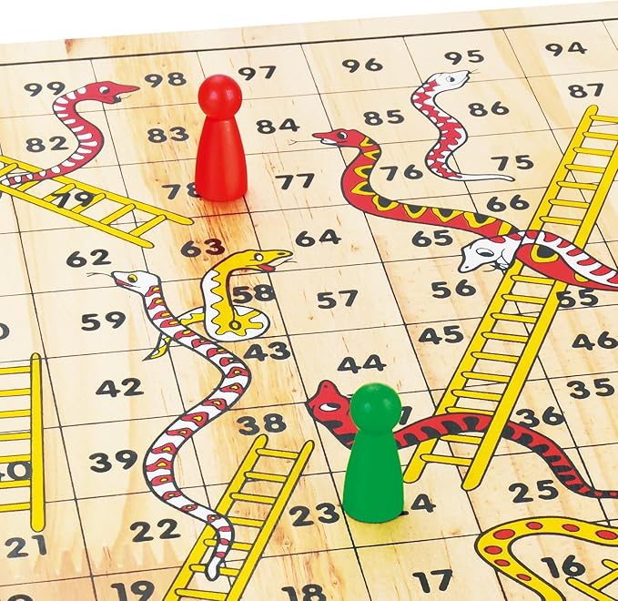 Wooden Classic 2 in 1 Snakes and Ladders Board Game for Kids 12 Inch Ludo Chutes and Ladders Board Game Classic Family Game Set for Toddlers