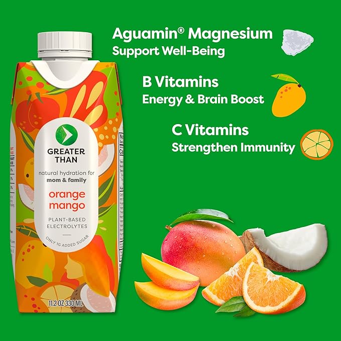 Greater Than Nutrient Hydration Beverage, Electrolyte Drink for Gut Health & Energy with Coconut Water, Vitamins, Gluten Free, Plant Based, Low Sugar, Orange Mango, 12 Pack