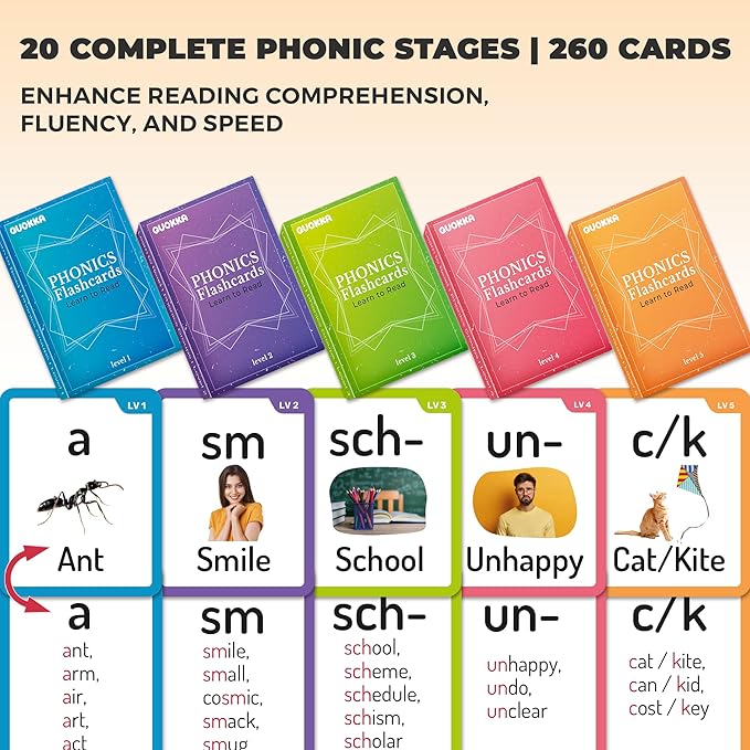 QUOKKA 1000+ Phonics Words Flash Cards for Kids Ages 4-8 – 20 Reading Stages – 260 Card Games for Kids Ages 3-5 and 6-8 – Learn to Read Games & Phonics Manipulatives for Complete Phonemic Awareness