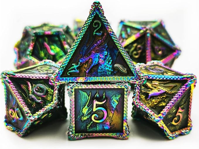 HAOMEJA DND Dice Metal Dragon Set Dice 7 Role Playing Dice D&D Solid Dice Dungeons and Dragons (Colorful Black)