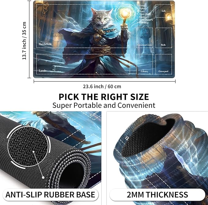 Playmat with Zones for MTG Card Game Playing, Game Mats Tabletop Magic Play Mats 24"x14" Commander Deck Gaming Desk Duel Mat Card Gameplay Mats for Beginner, Cat Wizard Casting Spell