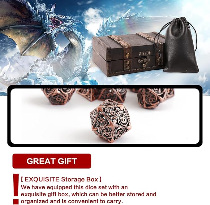 Hollow Metal DND Dice 7Pcs Set for Dungeons and Dragons RPG MTG Table Games D&D Pathfinder Shadowrun and Math Teaching,Large D4,D6,D8,D10,D12,D20 freaky multi sided Dice Set D and D Dice with Gift Box