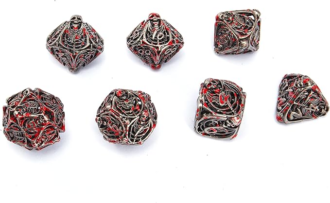 Metal Skull Dice Set Hollow Multi-Sided Dungeons & Dragons Dice 7CPS Role-Playing Dice Set with Flannel Bag Suitable for D&D Board Game Cards (Spatter)