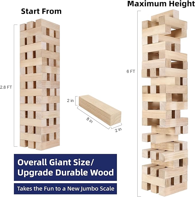 GOTHINK Giant Tumbling Tower Game, Super Large 51pcs Wooden Blocks Stacking Game, Stacking to Over 6 Feet, Jumbo Timber Blocks with Carry Bag, Jumbo Outdoor Indoor Game Toy Gift for Kids and Adults