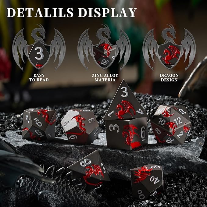Metal DND Dice Set Dragon D&D Dice for D&D Dungeons and Dragons Gift TTRPG Metal Dice with Dragon Dice Box(Black Red Dragon)