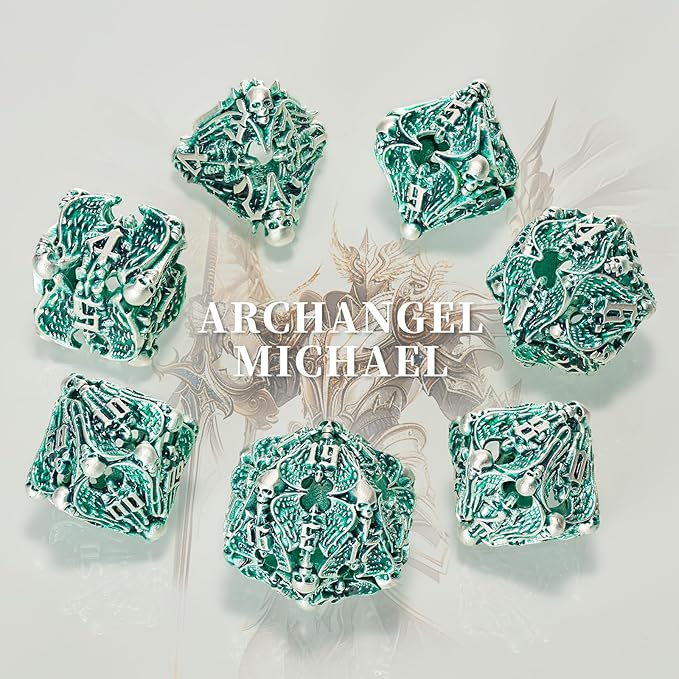 DND Dice,HNCCESG Hollow Metal Set 7 Pcs for Dungeons and Dragon,D and D GIFS of Tabletop Game (Matte Green White Skull)