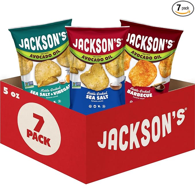 Jackson’s Classic Kettle Potato Chips (Variety Pack, 5 oz, Pack of 7) - Made with Premium Avocado Oil, Sea Salt, Salt & Vinegar and BBQ Flavors - Allergen-friendly, Gluten Free, Vegan