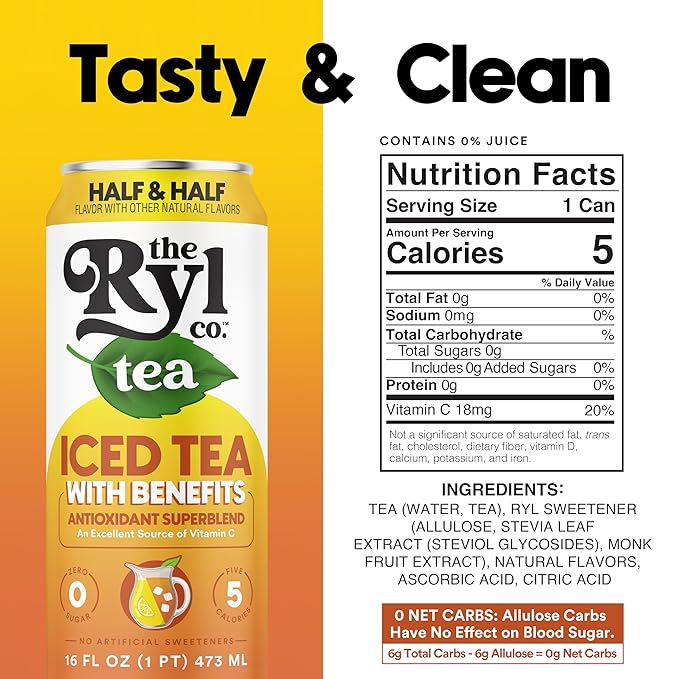 Ryl Half & Half Iced Tea – Antioxidant Superblend, No Artificial Ingredients, Zero Sugar, Five Calories, Low Carb, Non-GMO, Kosher, Gluten Free, Made in the USA, 12-Pack, 16 Fl Oz
