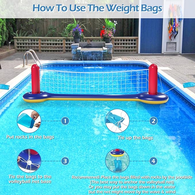 Jasonwell Pool Toys Games Set - 3 in 1 Pool Volleyball Net Basketball Hoop Ring Toss Game Inflatable Floats Water Floating Volleyball Swimming Pools Party Game Accessories Toy Gift Kids Teens Adults
