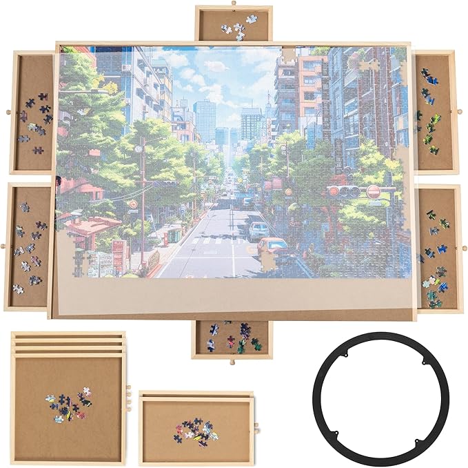 Rotating Puzzle Board by Birch and Key - Large Puzzle Table 33.7"x26.2" Size - Fits Puzzle up to 1500 Pieces - 6 Premium Wood Storage Drawers - 360 Degree Rotating Lazy Susan - Puzzles and Board Games