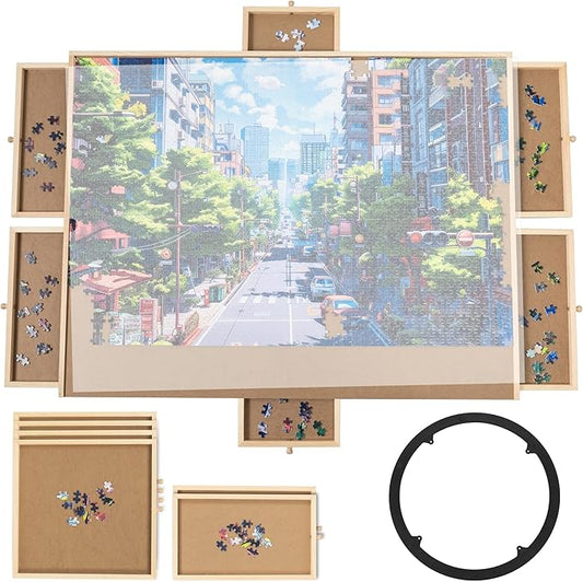 Rotating Puzzle Board by Birch and Key - Large Puzzle Table 33.7"x26.2" Size - Fits Puzzle up to 1500 Pieces - 6 Premium Wood Storage Drawers - 360 Degree Rotating Lazy Susan - Puzzles and Board Games