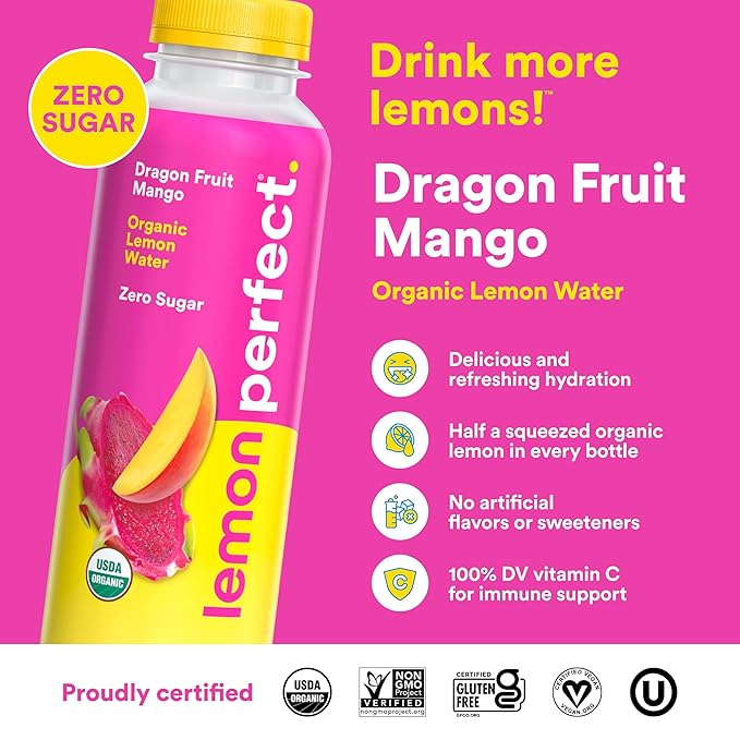 Lemon Perfect Dragon Fruit, Flavored Lemon Water, Organic, Zero Sugar, Healthy Hydration Drinks, 15.2 fl oz Bottles (12-Pack)