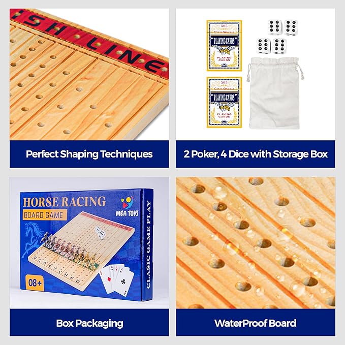 15.6 inches Horse Race Board Game, 13 Metal Horses, 4 Dice, 2 Boxes of Cards, Exciting Horse Racing Game for 11 Players with Solid Wood, Easy-to-Play, For Ages 8+ Ideal for Family and Freinds