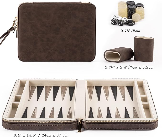Backgammon Sets for Adults, Classic Board Game with Folding Leather Backgammon Case, Portable Travel Backgammon Game Set (Brown)