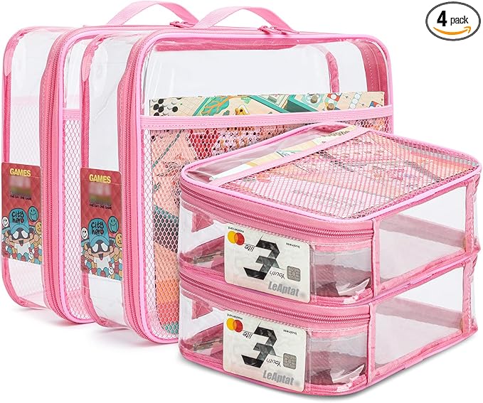 4 Pack Clear PVC Zippered Toy Storage Bags for Toy, Kids Toy, Building Blocks, Puzzle, Clay, Board Game Storage Organizer Travel Waterproof Toy Bag With Name Tag Pocket (Pink, L & S)