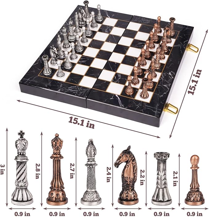 Retro Metal Chess Set for Adults and Kids – Marbling Chess Board with Chess Pieces – Travel Chess Set with Metal Pieces – Folding Chessboard – Ideal for Beginners and Professional Players
