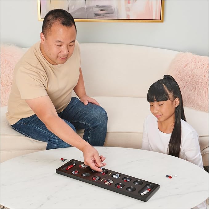 Spin Master Games, Legacy Deluxe Mancala, Classic Game with Folding Wooden Board & Colorful Glass Stones, Family Game, for Ages 8 & Up