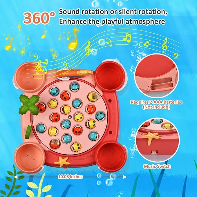 Magnetic Fishing Game Set - 21 Fish and 6 Poles, Rotating Toddler Board Games with Music Switch, Fine Motor Skills Fishing Toys for Kids and Toddlers 3 4 5 6 7 8 and Up