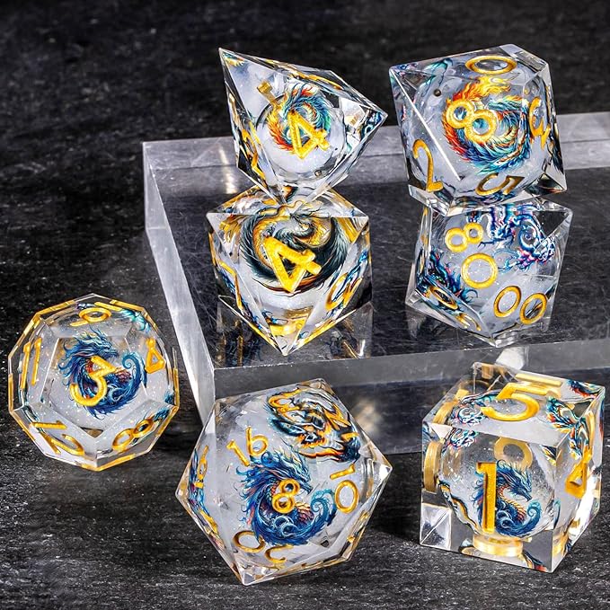 OUKELANWO Liquid Core Dragons Stickers DND Dice Set D&D, 7Pcs Dungeons D and D Role Playing Dice with Gift Box, Resin Sharp Edge Dice D20 D12 D10 D8 D6 D4, White Gold