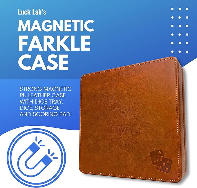 Luck Lab Farkle Dice Tray and Storage Case - Includes Embedded Scoring Combinations, 2 Sets of 6 Pearl Dice, 40 Sheet Score Pad and Pen Holder for The Classic Family Game (Brown)