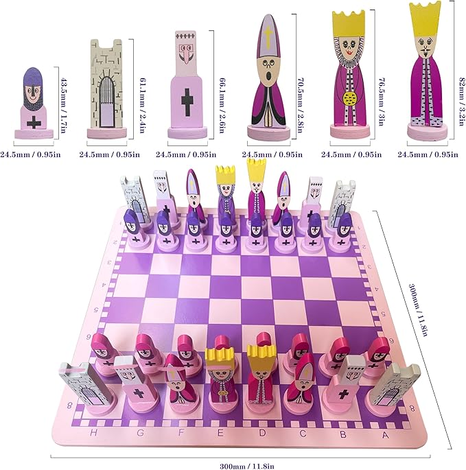 Cartoon Chess Set for Kids: 11.8" Unique Chess Board for Kids & Beginners - Pink Wooden Board Games Educational Toy for Adults Toddlers Family School Fun