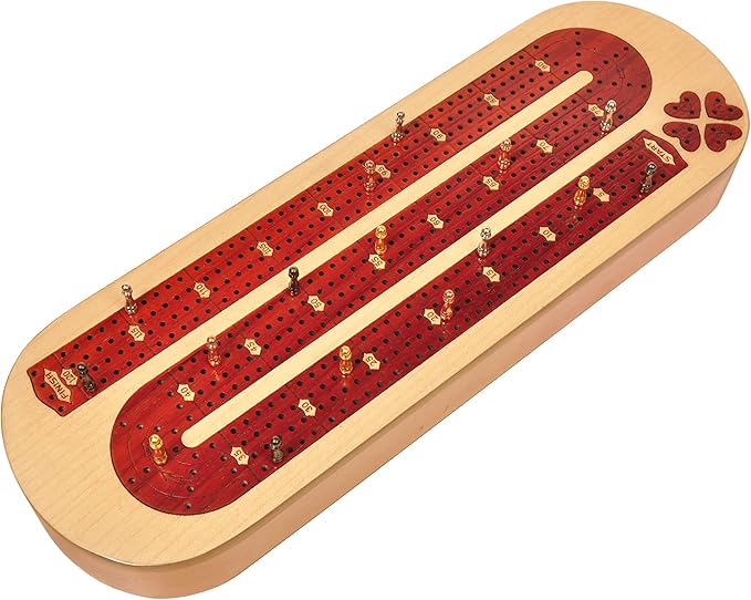 PALM ROYAL HANDICRAFTS 4 Track Wooden Cribbage Board Set Inlaid in Blood Wood and Maple Wood with pegs and Cards Storage Available. 4 Player Cribbage Board Game (15 x 5 Inches)