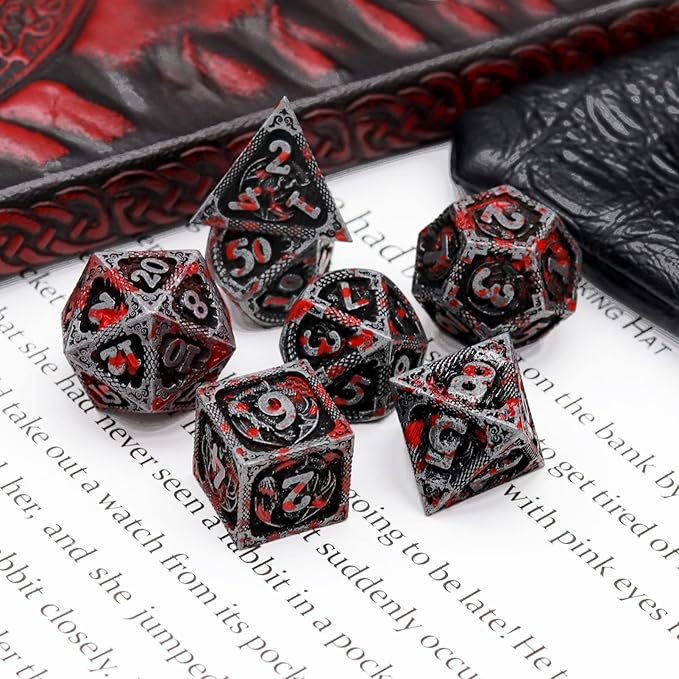 Haxtec Bloodstained Metal DND Dice Set - Antique Iron Blood Metal D&D Dice Set with Dragon Scale and Leather Dice Bag - Polyhedral Dice for Dungeons and Dragons TTRPG Gifts