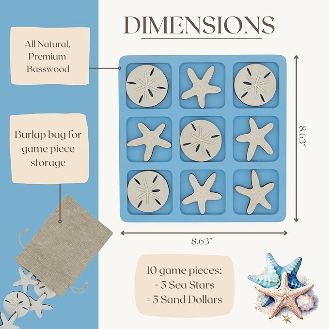 Beach Tic Tac Toe Game – Coastal Wooden Board Game with Sea Star vs Sand Dollar Pieces, Beach House Coffee Table Decor, Classic Two-Player Game, White Elephant Gift, 8.63-Inch Tic Tac Toe with Easel