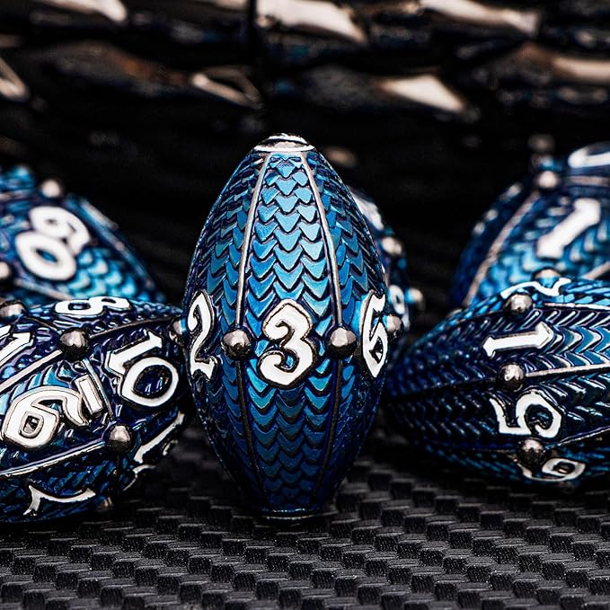 ARUOHHA DND Metal Dice Black Blue Dragon Egg Dice with Metal Box, Role Playing Game Polyhedral D and D Dice Set D20 D12 D10 D8 D6 D4