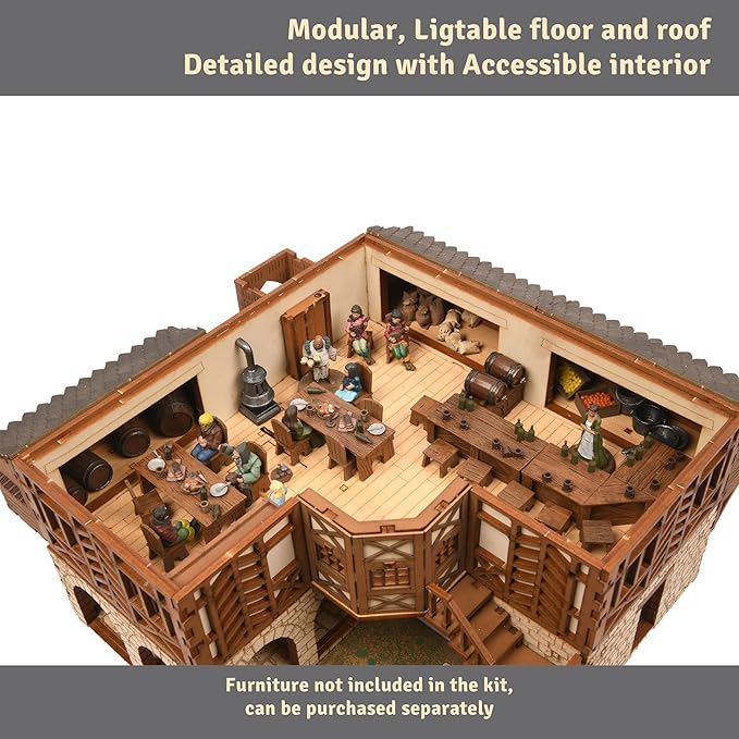 The Tavern - Medieval House (Crooked Elbow) DIY Wooden House Building Kit -715PCS; 12hrs Assembly time; Age Group 18+ - Realistic
