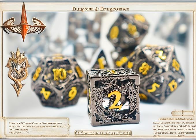 Metal DND Dice Set Dungeons and Dragon Dice Set Hollow Dragon Polyhedral Magic 7 PCS Dice Set with Gift Metal Box for Dungeons and Dragons Table Games Play Cards MTG(Dragon_Black Plus Gold)