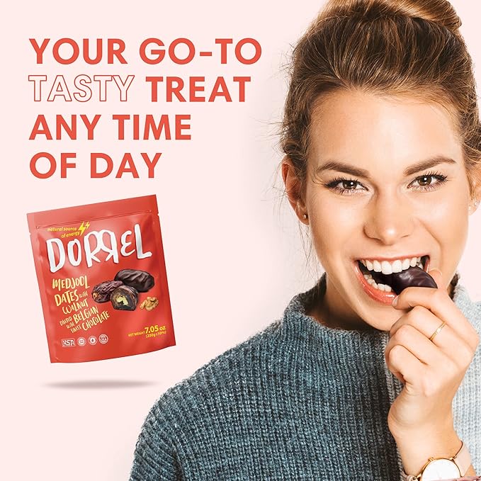 DORREL - Belgian Dark Chocolate Covered Dates (Medjool) with Walnuts Stuffing, High Energy Vegan Choco Snack, Delicious, Kosher & Non-GMO, Pack of 1 Stuffed Chocolate Dates, 7.05 oz / 200 g Ea