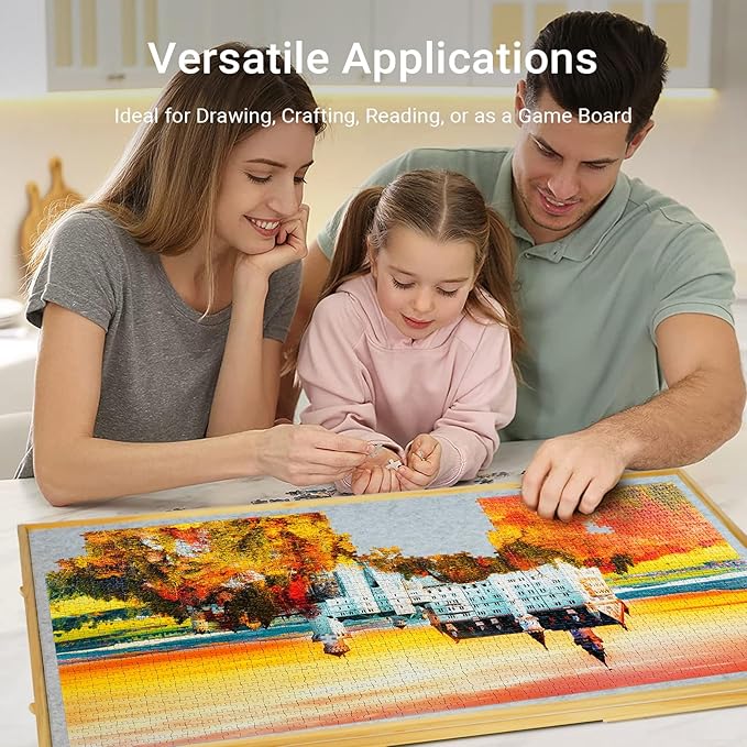 2-in-1 Rotating & Tilting Puzzle Table 1500 Pieces, 36"x26" Wooden Puzzle Board with Drawers, Lazy Susan Base, Cover, Storage Trays & Handle, Gift for Adults & Seniors, Varnished