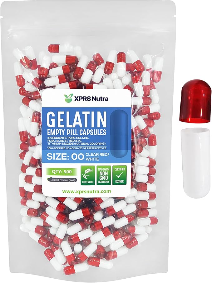 XPRS Nutra Size 00 Empty Capsules - 500 Count Empty Gelatin Capsules - Pills DIY Capsule Filling - Fillable Pill Gel Caps for Do-It-Yourself Supplements (Clear Red/White)
