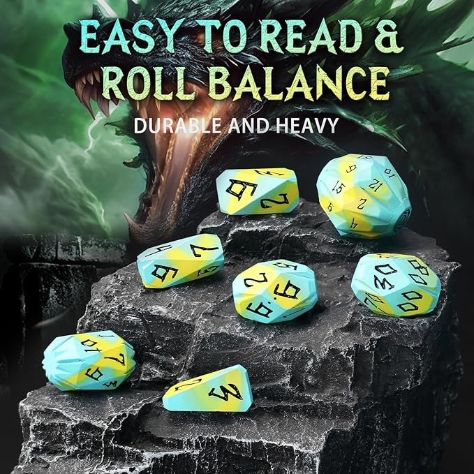 Metal DND Dice Set, Dungeons and Dragons DND Dice of 7 RPG Dice Set Metal Unique Cool Polyhedral D and D Dice with Cardboard Box for Role Playing Games TTRPG Gifts (Blue Yellow)