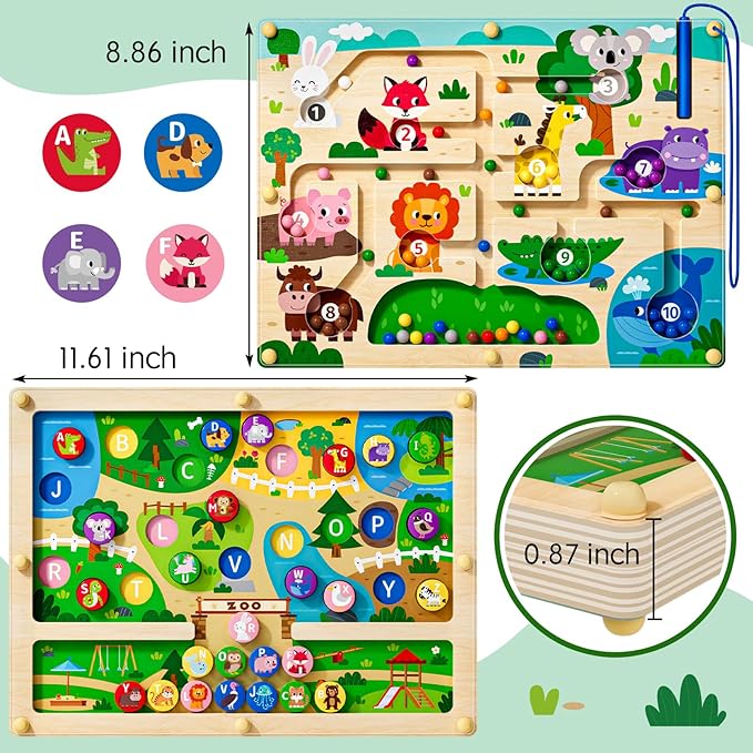 2 in 1 Magnetic Color and Number Maze Magnet Alphabet Counting Dinosaur Double Sided Board Wood Puzzle Fine Motor Skills Montessori Preschool Toys Gifts for Boys and Girls 3-5 Age (Zoo, One Size)
