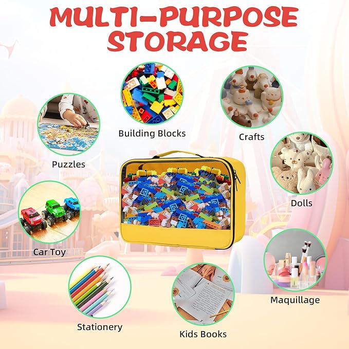 4 PCS Toy Storage Bags, Clear Toy Organizer Bags, Toy Bag with Visible Top& Handle, Portable Travel Case for Building Blocks, Toys, Puzzles, Dolls,Crafts, Magnetic Tiles