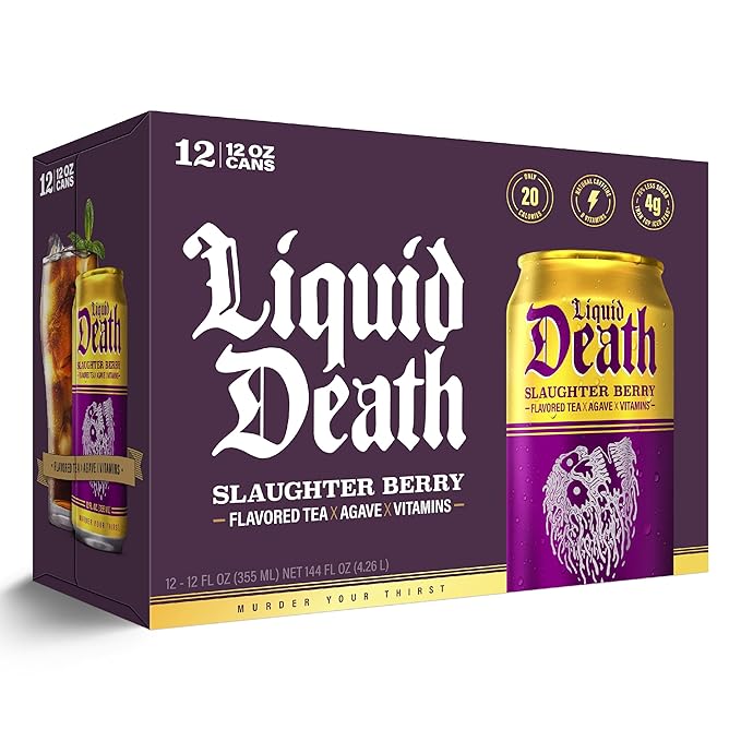 Liquid Death, Slaughter Berry Flavored Iced Tea, 12-Pack (12 oz Cans), Raspberry Flavored Black Tea, Low Calorie, No Artificial Sweeteners, B12 & B6 Vitamins