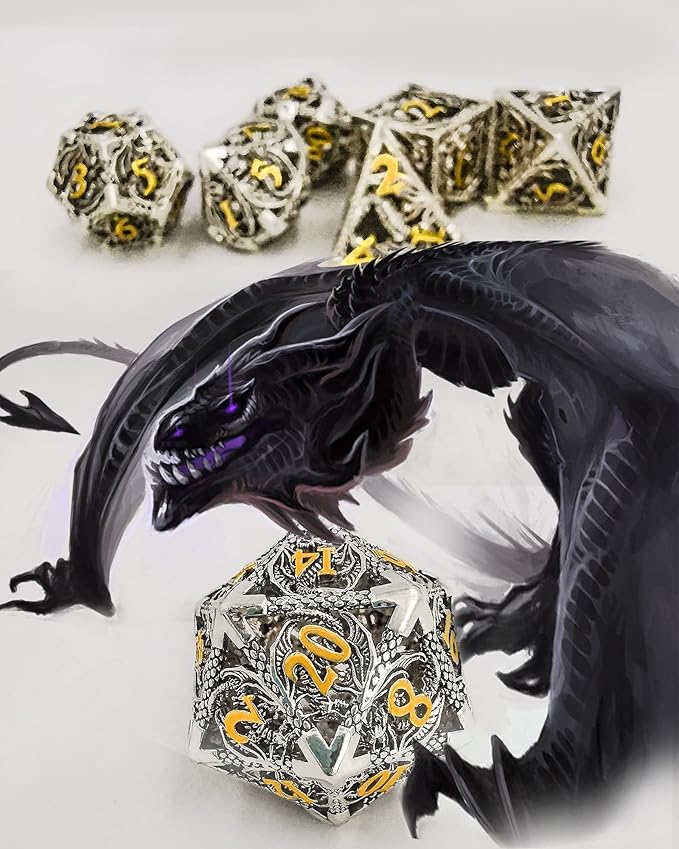 Metal DND Dice Set Dungeons and Dragon Dice Set Hollow Dragon Polyhedral Magic 7 PCS Dice Set with Gift Metal Box for Dungeons and Dragons Table Games Play Cards MTG(Dragon_Ancient Silver and Gold)