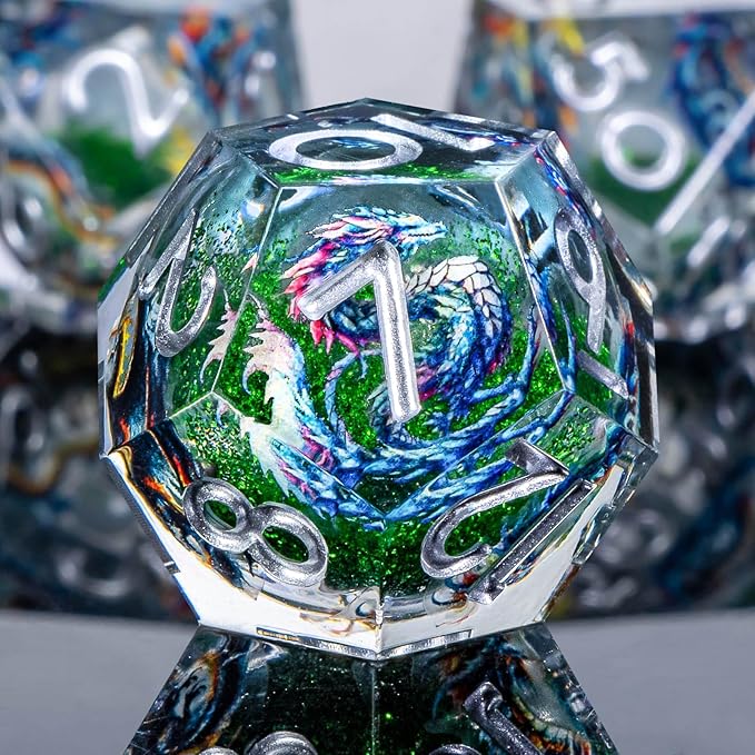 Dragon Pattern Liquid Core DND Dice Set, 7Pcs Resin Sharp Edge D&D Dice with Gift Box, Green Dungeons Dragons D and D Role Playing Game Dice D20 D12 D10 D8 D6 D4