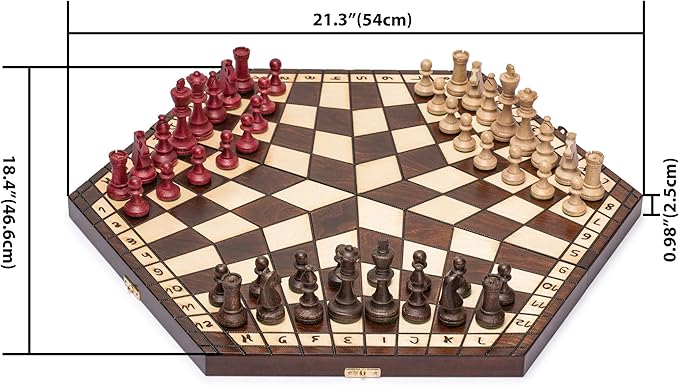 Husaria Wooden Three-Player Chess Game Set - 21 Inches - with Foldable Board, Handcrafted Playing Pieces, and Felt-Lined Storage